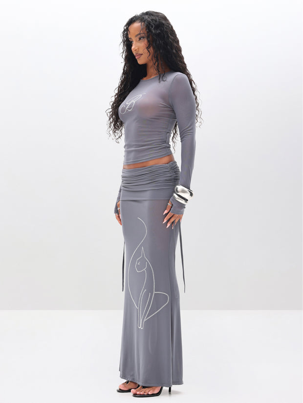 Ruched Mesh Maxi Skirt with Rhinestone