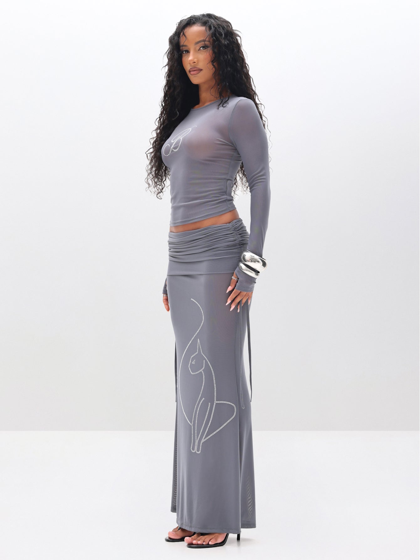 Long Sleeve Mesh Top with Rhinestones