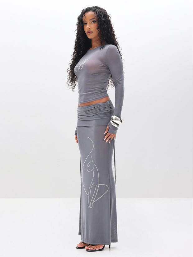 Long Sleeve Mesh Top with Rhinestones