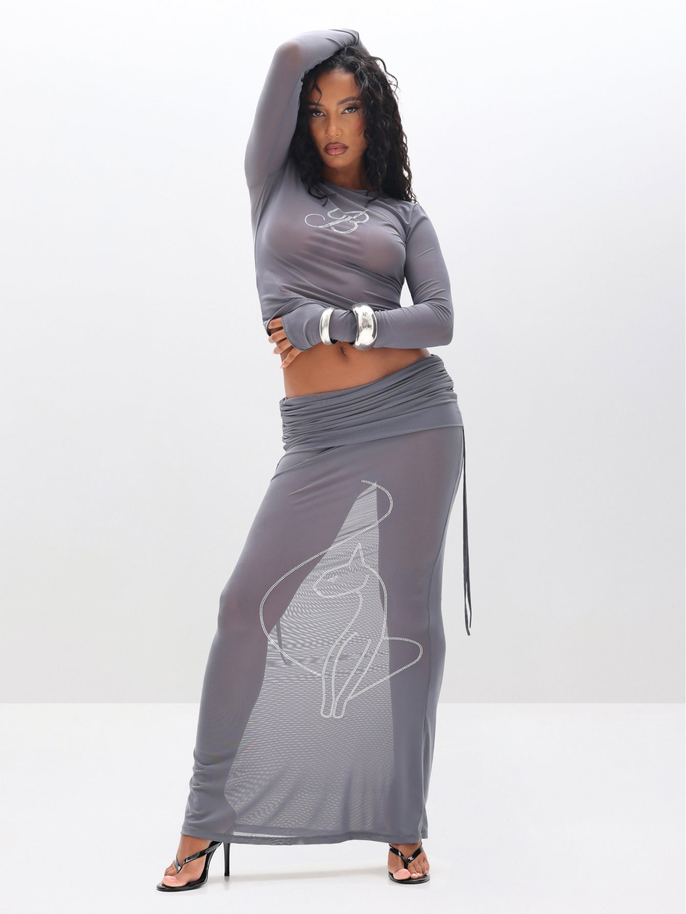 Long Sleeve Mesh Top with Rhinestones