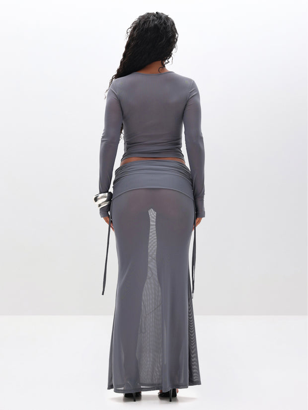 Ruched Mesh Maxi Skirt with Rhinestone