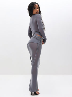 Long Sleeve Mesh Top with Rhinestones, gray mesh top from rear side angle, side view