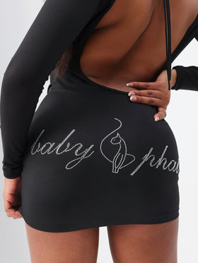 Long Sleeve Logo Mini Dress, rhinestone baby phat script and cat logo across back hem, logo detail