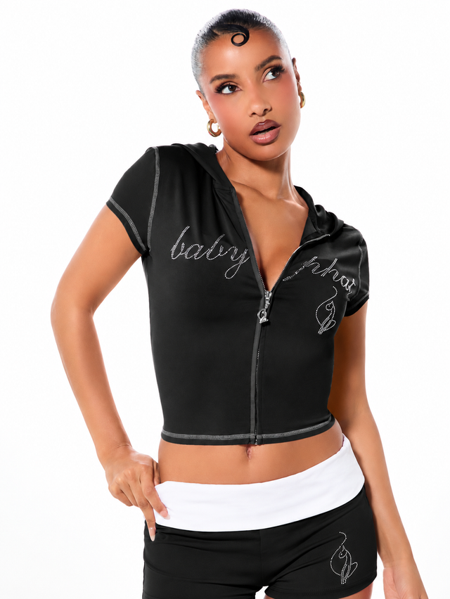 Short Sleeve Hooded Zip Up with Rhinestones