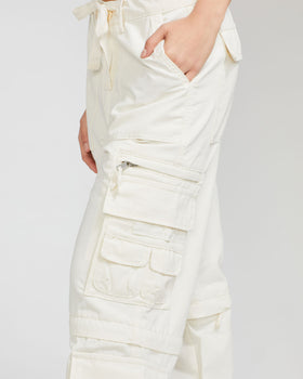 Transformer Boyfriend Pant, cream cargo zipper pocket and utility tabs, close-up detail
