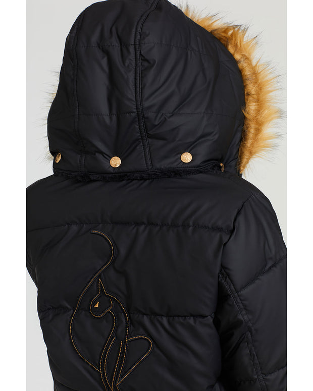 Model shown wearing black puffer jacket. Coat features natural faux fur trimmed detachable hood and Baby Phat script logo on front chest and oversized cat logo on the back. Jacket also features gold cat logo zipper pulls on the front pockets and center front.