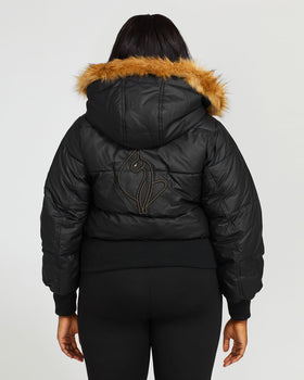 Onyx Puffer, black cropped puffer with large back logo embroidery, back view