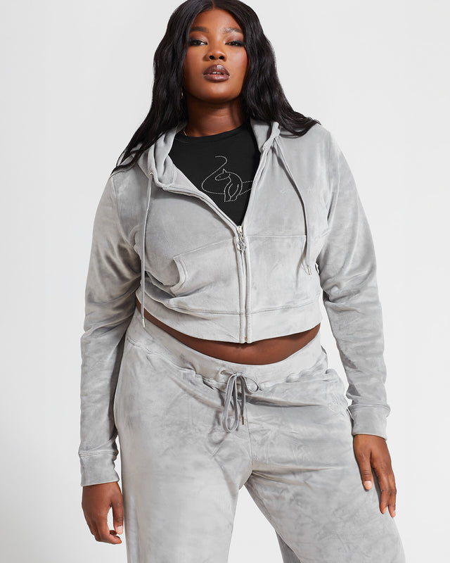 Essential Zip Up Track Jacket, grey velour zip-front silhouette, on-model styling view
