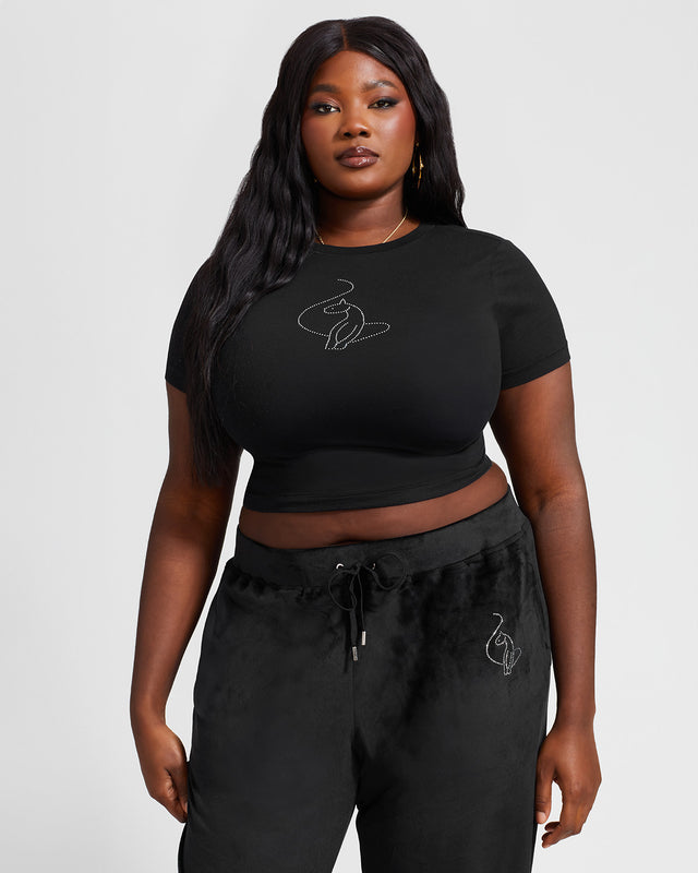 Essential Rhinestone Logo Tee, black tee styled with matching velour pants, on-model styling view