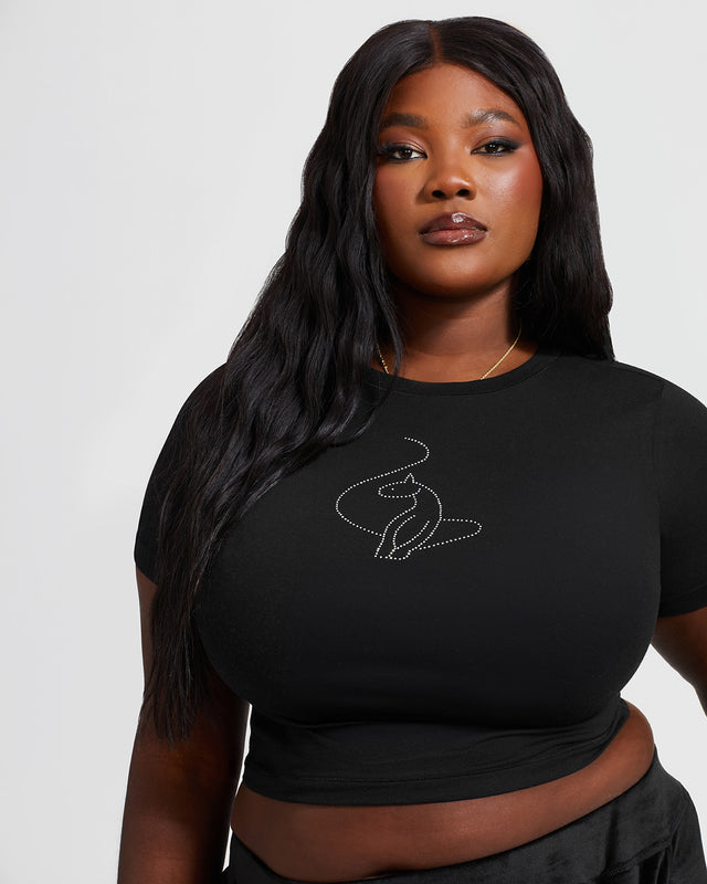 Essential Rhinestone Logo Tee, black fitted baby tee with cat logo, front view