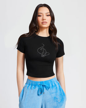Essential Rhinestone Logo Tee, fitted black baby tee silhouette, front view