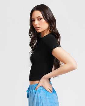 Essential Rhinestone Logo Tee, black tee styled with matching bottoms, on-model styling view