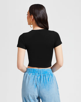 Essential Rhinestone Logo Tee, clean black back fit, back view