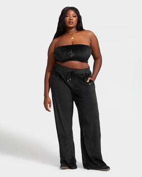 Essential Logo Bandeau, black velour bandeau with matching pants, front full-body view