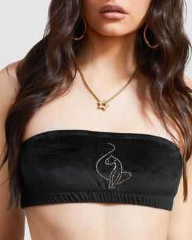 Essential Logo Bandeau, rhinestone cat logo on black velour, logo detail