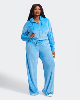 Essential Zip Up Track Jacket, blue velour plus-size styling, front full-body view