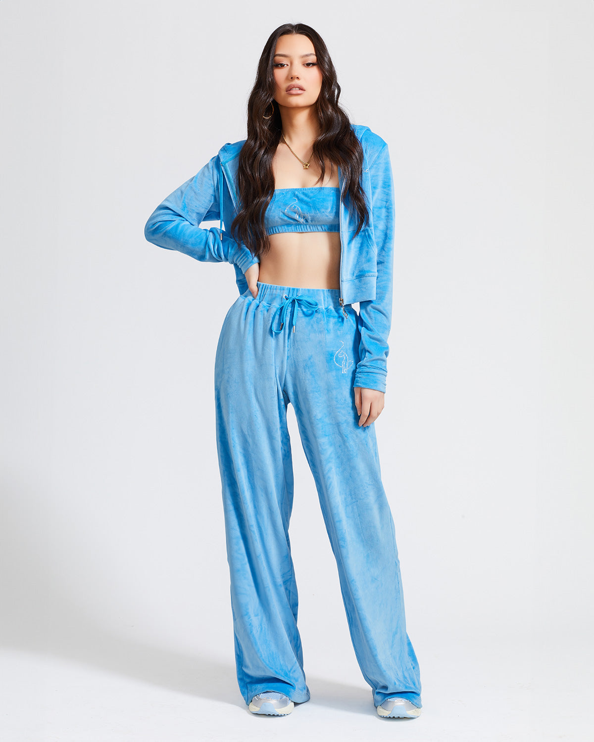 Full length image of standard sized model shown wearing blue velour sweatpants. Pants feature a wide leg, open bottom fit with a rhinestone Baby Phat cat logo on the wearer's left upper thigh. Pants feature pockets and an elastic waistband with a drawstring tie. Model is also wearing a matching zippered sweatshirt unzipped to reveal a matching blue bandeau.