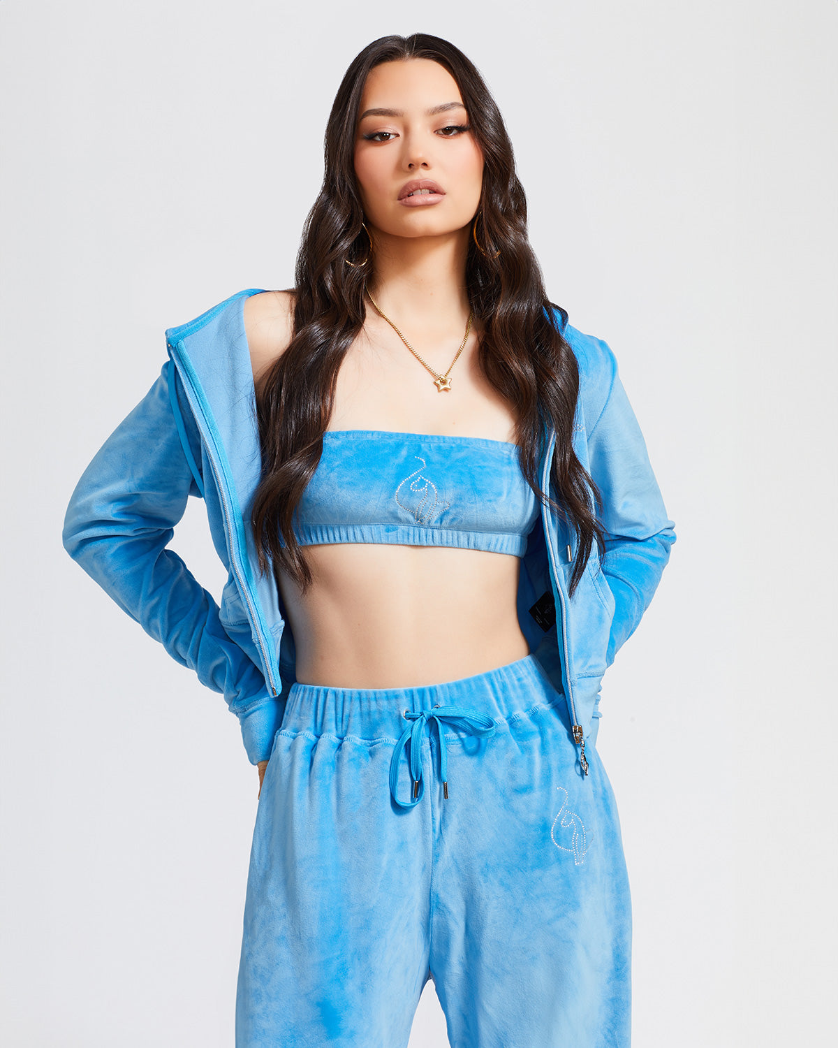 Essential Logo Bandeau, blue velour with rhinestone cat logo, on-model styling view