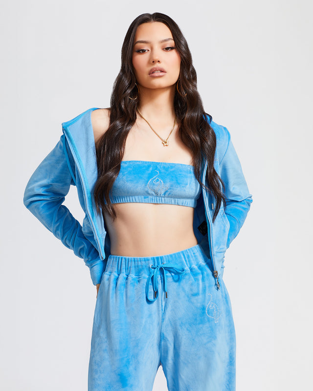 Essential Logo Bandeau, blue velour with rhinestone cat logo, on-model styling view