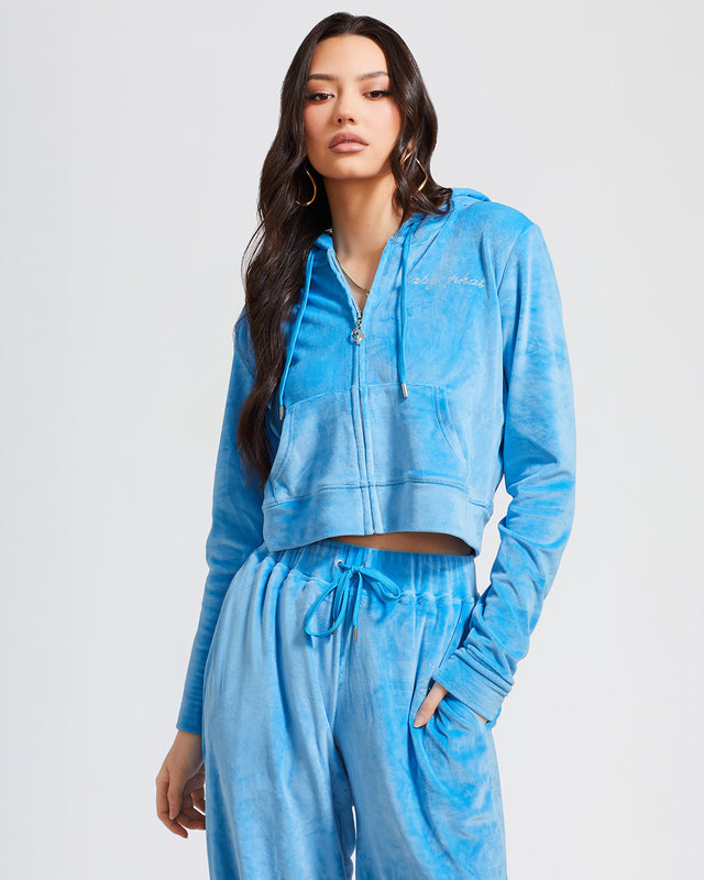 Essential Zip Up Track Jacket, blue velour zip-front silhouette, front view
