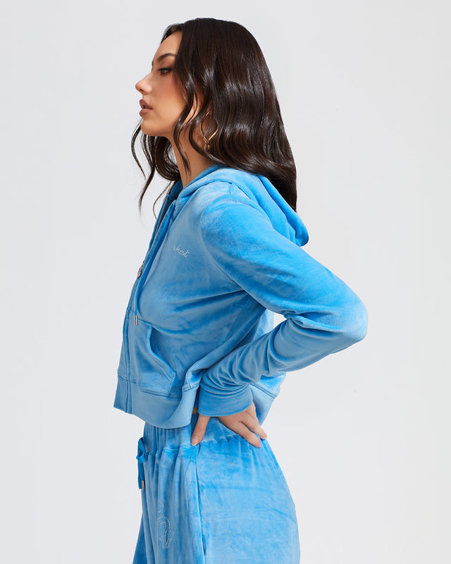 Essential Zip Up Track Jacket, cropped zip hoodie in blue velour, on-model styling view