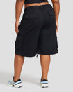 Back view image of plus sized model’s legs wearing black cargo short with visible belt loops. Shorts feature exaggerated pocket detailing down both legs and large pockets on both sides of rear.