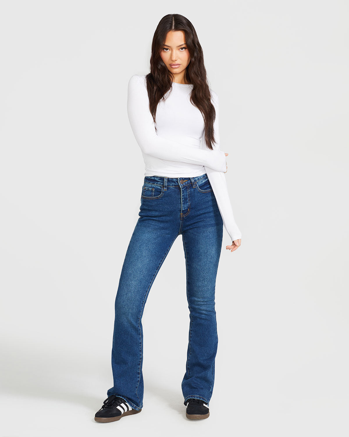 The Bootcut Jean, dark-wash fitted bootcut silhouette, front full-body view