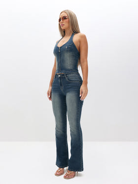 Stretch Denim Zip Halter Neck Top, fitted halter silhouette with low-rise denim, front full-body view