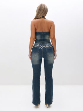 Low Waist Stretch Denim Bootcut Flare, bootcut silhouette from back, back full-body view