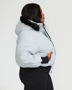 Smoke Puffer, plus-size grey puffer with ribbed hem and cuffs, side view