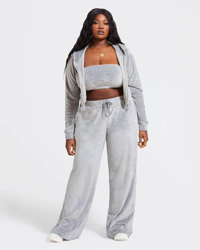 Essential Logo Bandeau, strapless grey velour fit, front full-body view