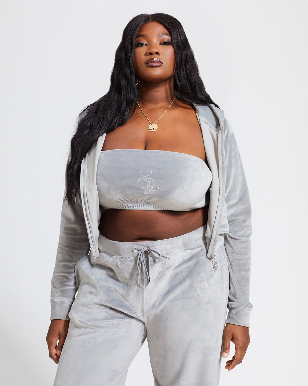 Essential Logo Bandeau, grey velour with rhinestone cat logo, on-model styling view