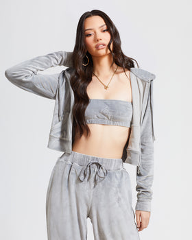 Essential Logo Bandeau, layered under zip hoodie in grey velour, on-model styling view