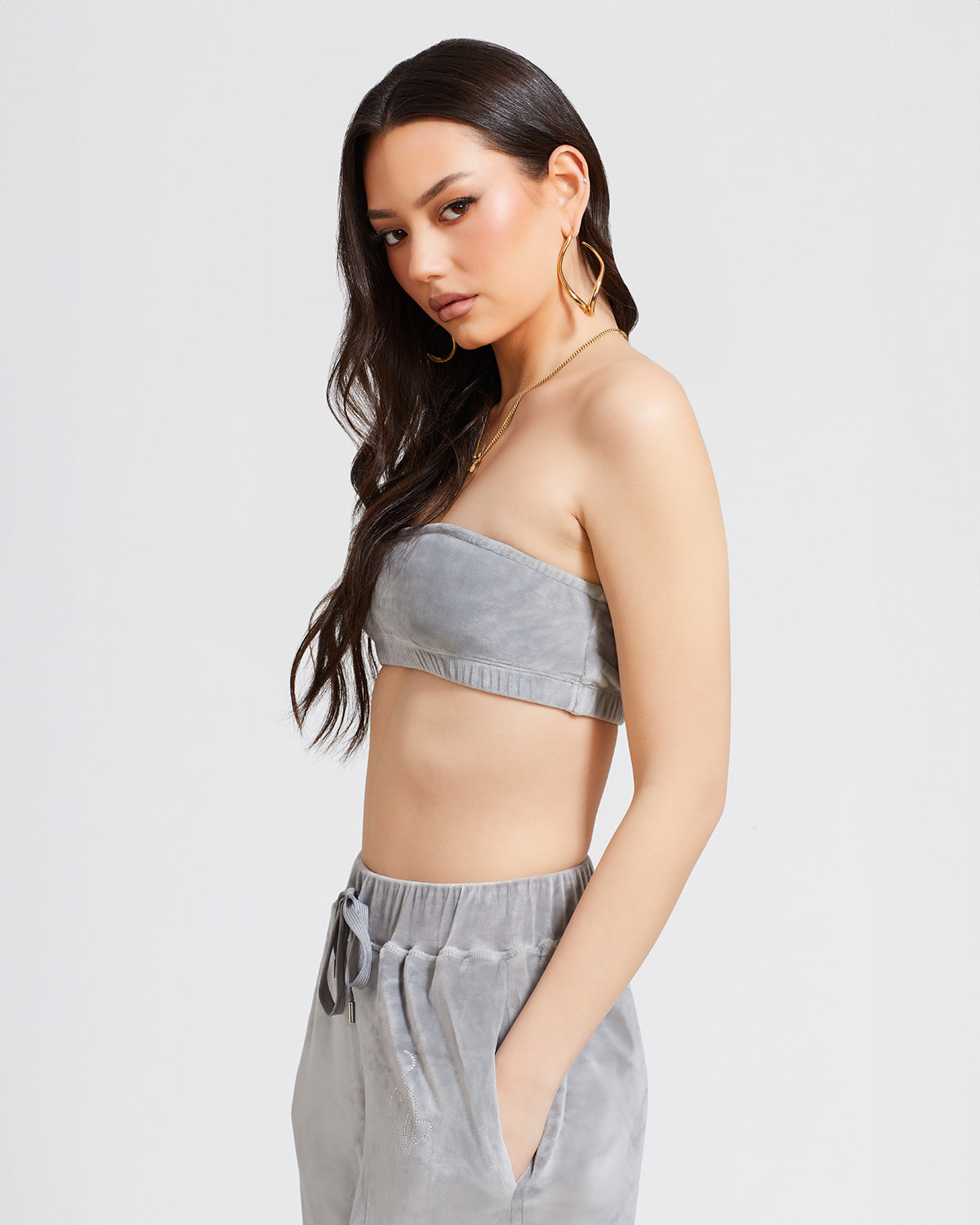 BEEDEN RAW LOGO BANDEAU チューブトップ グレー Essential Logo Bandeau in Grey Velour | Baby Phat