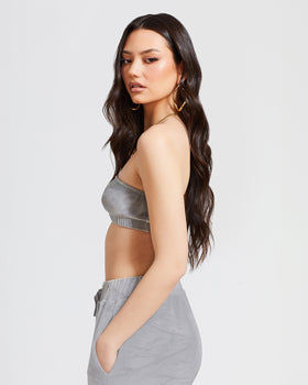 Essential Logo Bandeau, strapless grey velour side angle, side view