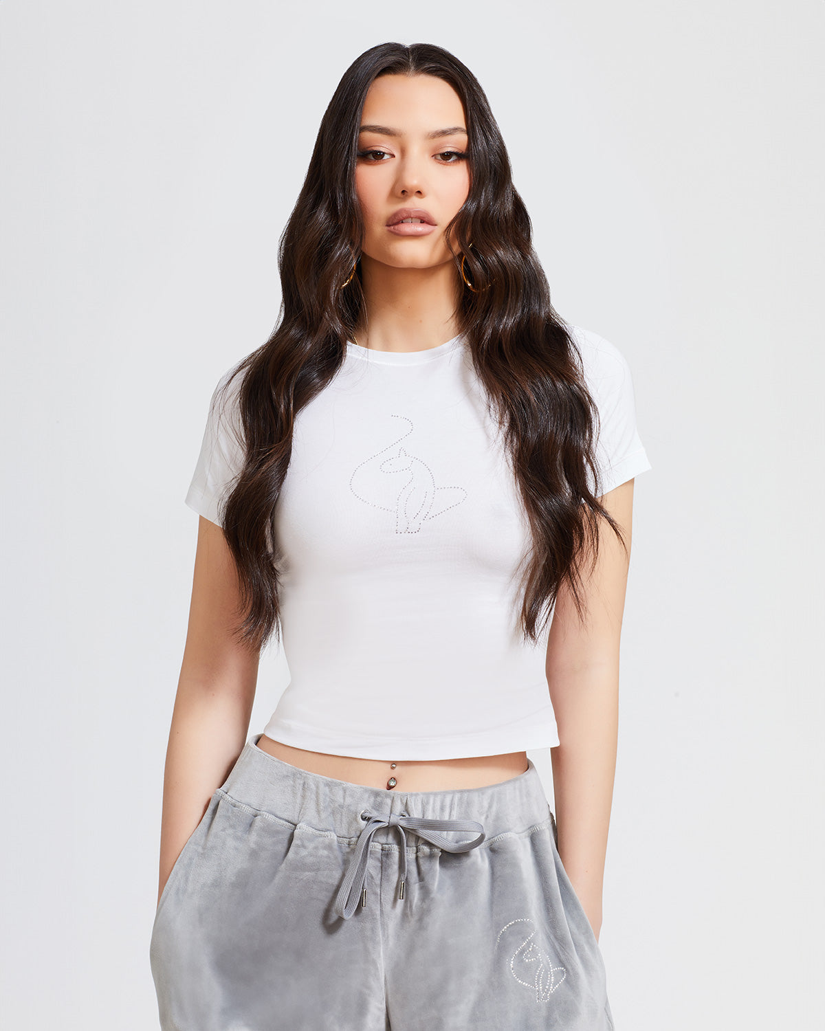Essential Rhinestone Logo Tee, white fitted baby tee with cat logo, front view