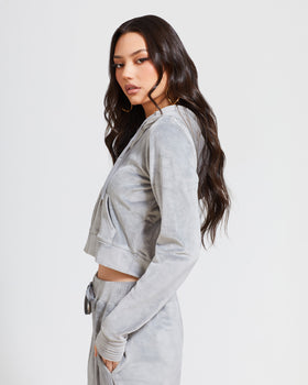 Essential Zip Up Track Jacket, clean grey velour fit from side, side view