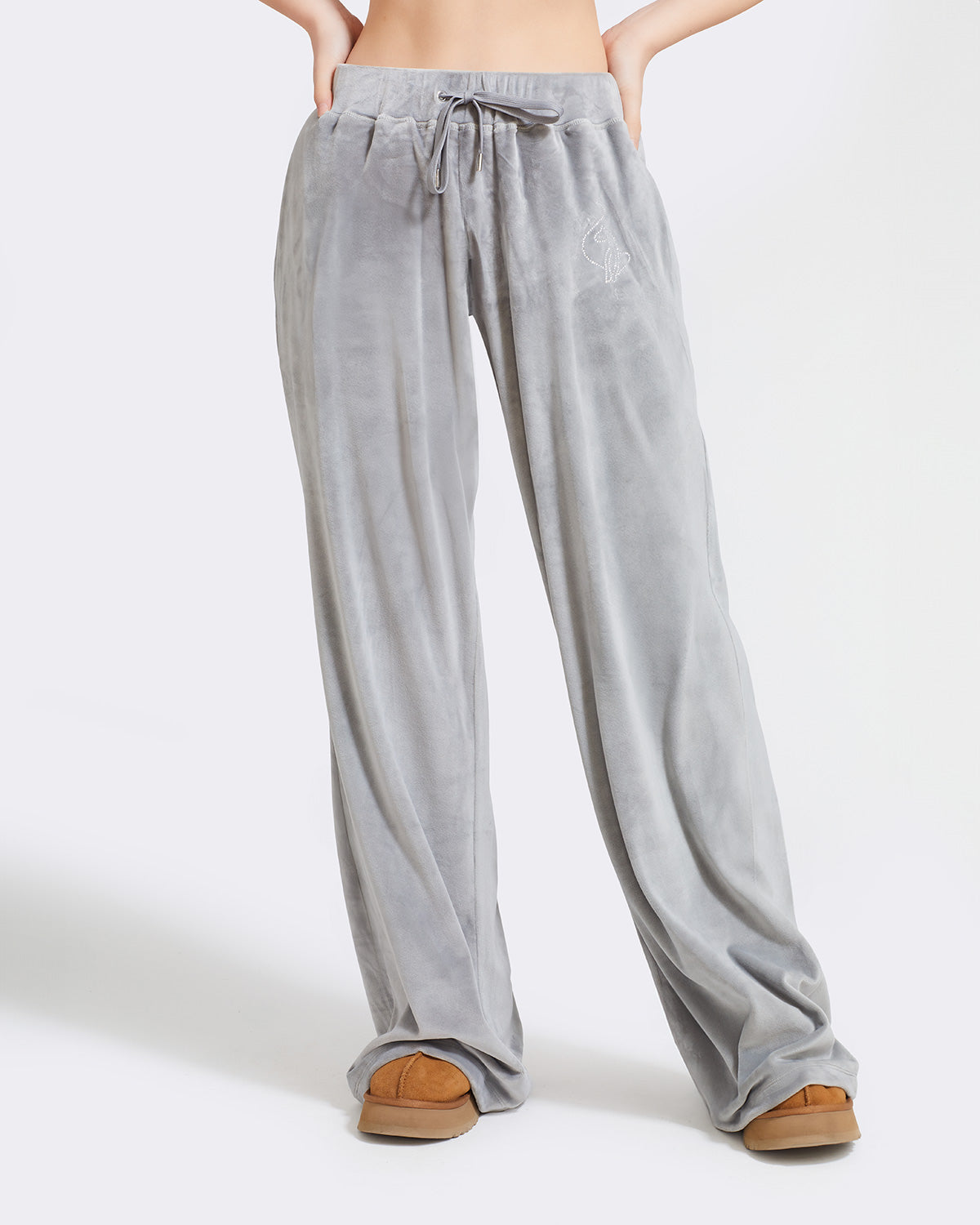 Essential Wide Leg Track Pant, grey velour with drawstring waist, front view