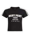 Baby Phat heritage t-shirt in black features graphic cream logo with year 1999, New York, and stars. Sleeve features cream stripes.