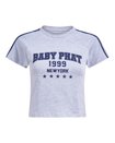 Baby Phat heritage t-shirt in grey features graphic navy blue logo with year 1999, New York, and stars. Sleeve features navy blue stripes.