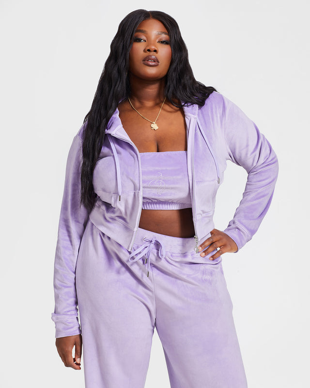 Essential Logo Bandeau, lavender velour with rhinestone cat logo, on-model styling view