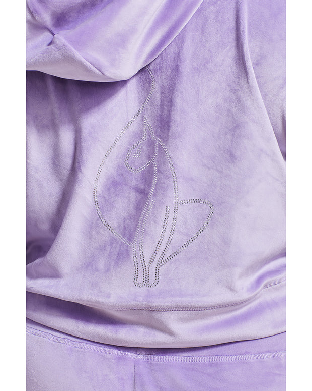 Detail shot of rhinestone cat logo on the back of the sweatshirt.