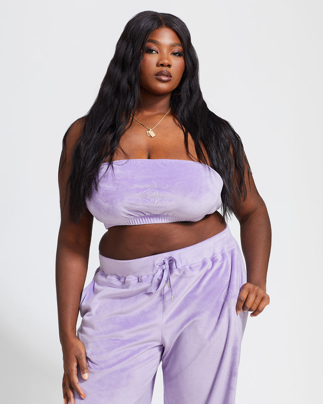 Essential Logo Bandeau, strapless lavender velour fit, front full-body view