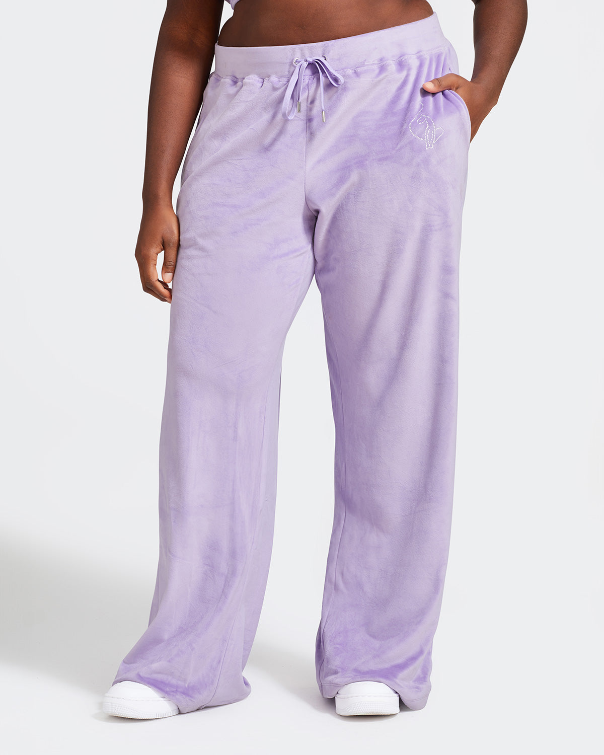 Essential Wide Leg Track Pant, lavender velour with drawstring waist, front view