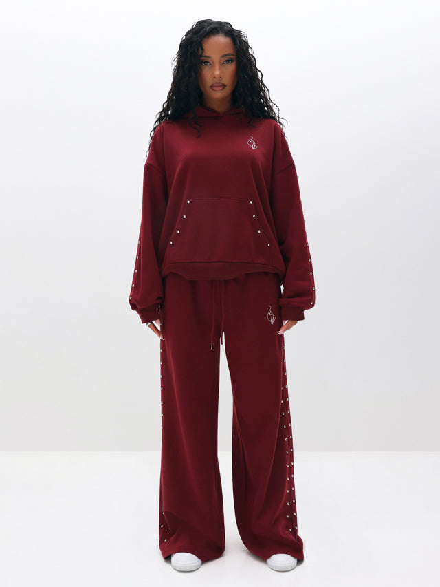 Oversized Hoodie with Stud Detail, burgundy matching set silhouette, front full-body view