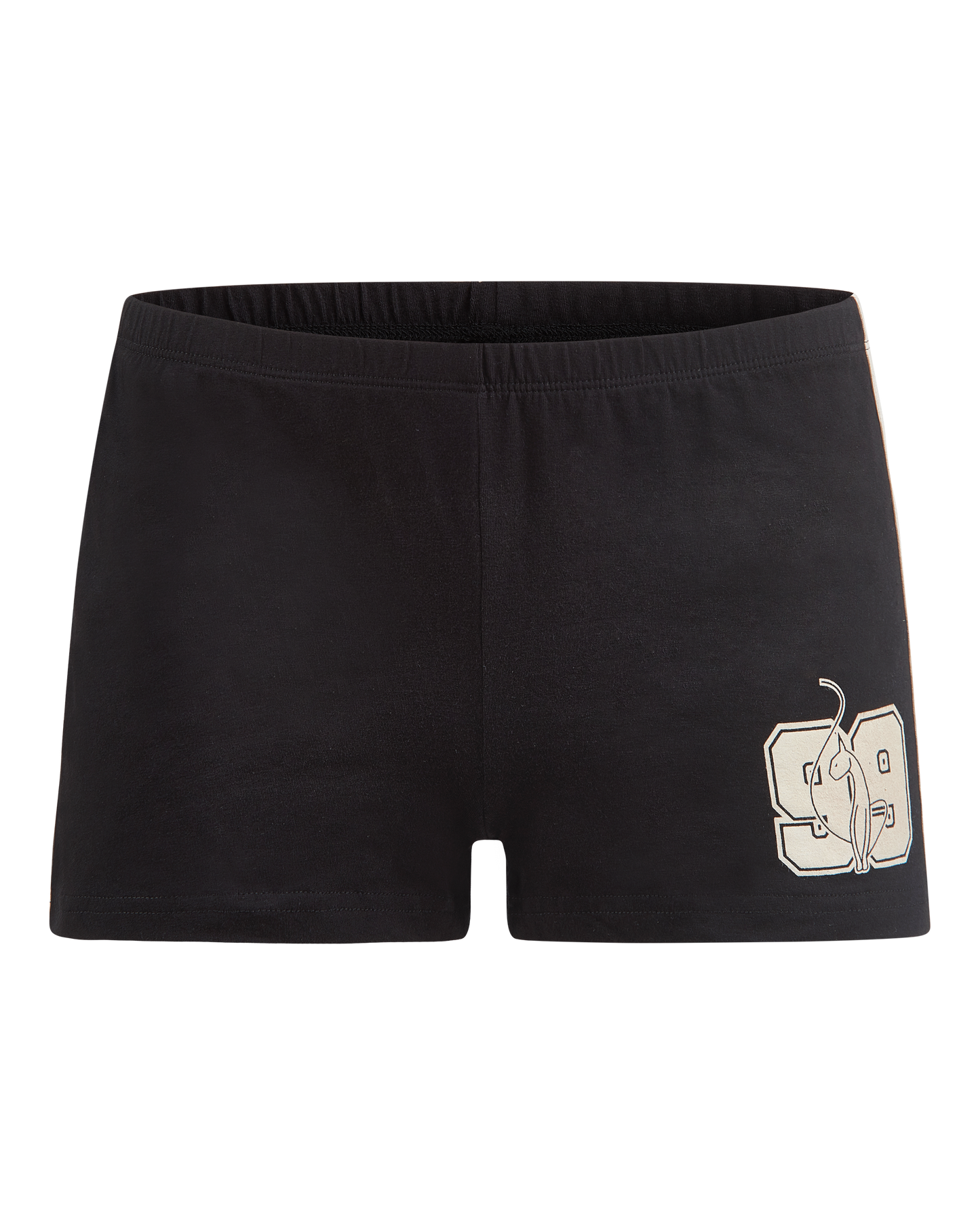 Baby Phat micro short in black features cream side stripes on both sides and a cat 99 logo on the front leg. 