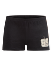 Baby Phat micro short in black features cream side stripes on both sides and a cat 99 logo on the front leg. 