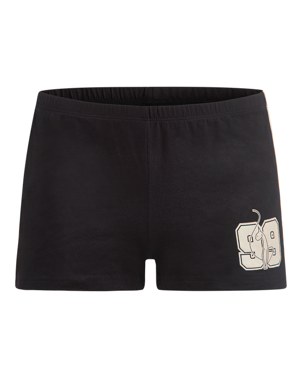 Baby Phat micro short in black features cream side stripes on both sides and a cat 99 logo on the front leg. 