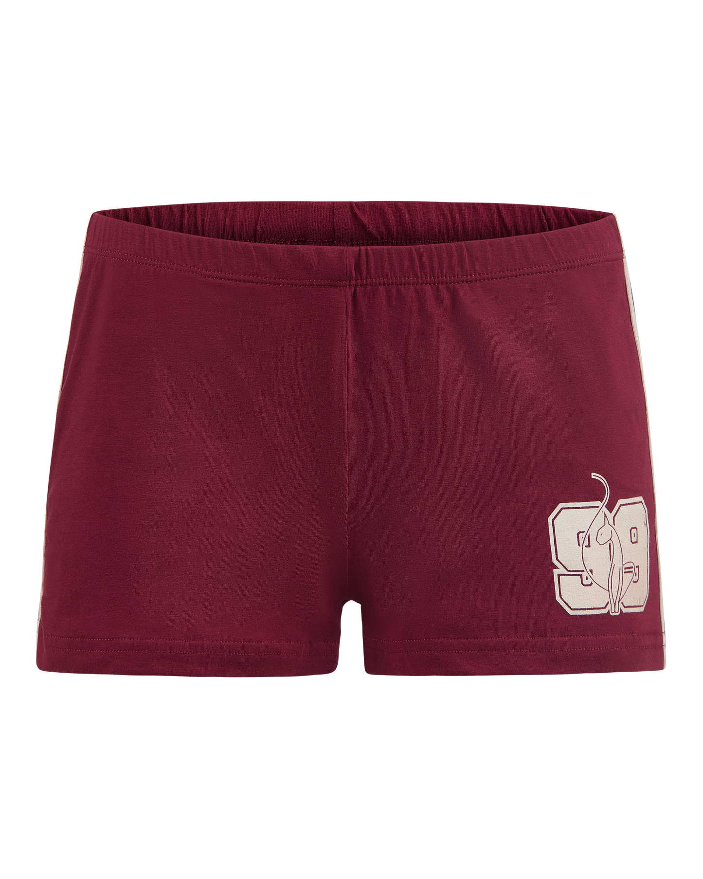 Baby Phat micro short in burgundy features cream side stripes on both sides and a cat 99 logo on the front leg. 