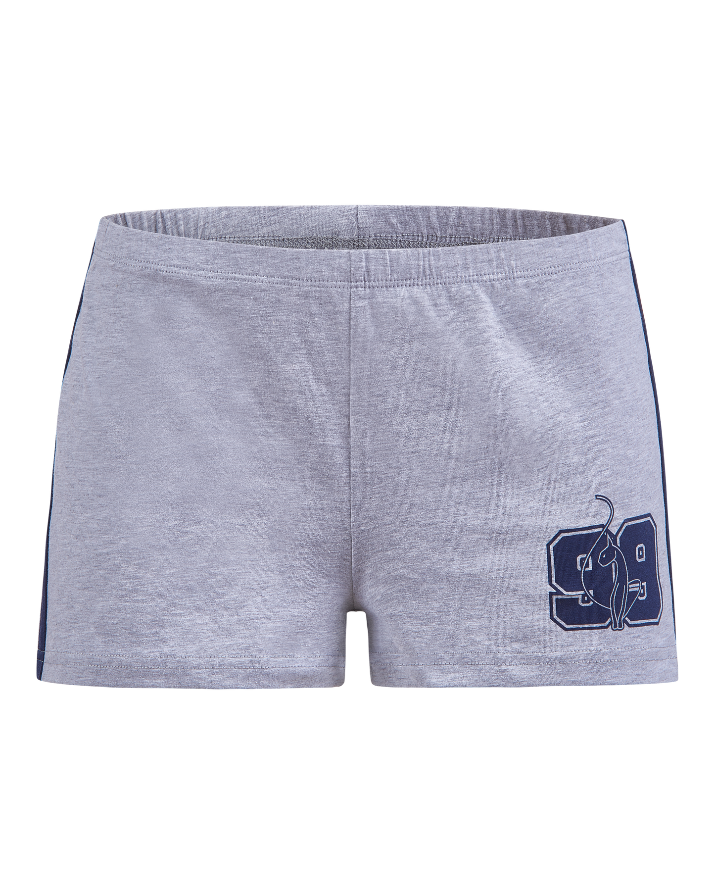 Baby Phat micro short in grey features navy blue side stripes on both sides and a cat 99 logo on the front leg. 